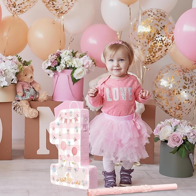 Pajean Silly Goose Piñata Funny Goose 1st Birthday Decorations Pink Gingham Duck Number One Piñata Set with Stick Blindfold for Baby Shower First Birthday Celebration Decor