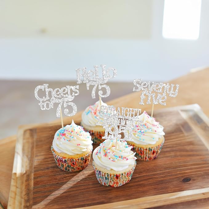 Ephlyn 24Pcs 75th Birthday Cupcake Toppers Glitter Straight Outta 1951 Cupcake Picks Hello 75 Cheers to 75 Years Cake Decorations for 75th Birthday Anniversary Party Decorations Supplies Silver