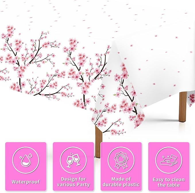 3Pcs Cherry Blossom Tablecloth Pink Floral Plastic Table Cover Waterproof Japanese Sakura Disposable Table Cloth for Baby Shower Woman Birthday Bridal Shower Wedding Party Decorations, 54 x 108 Inch