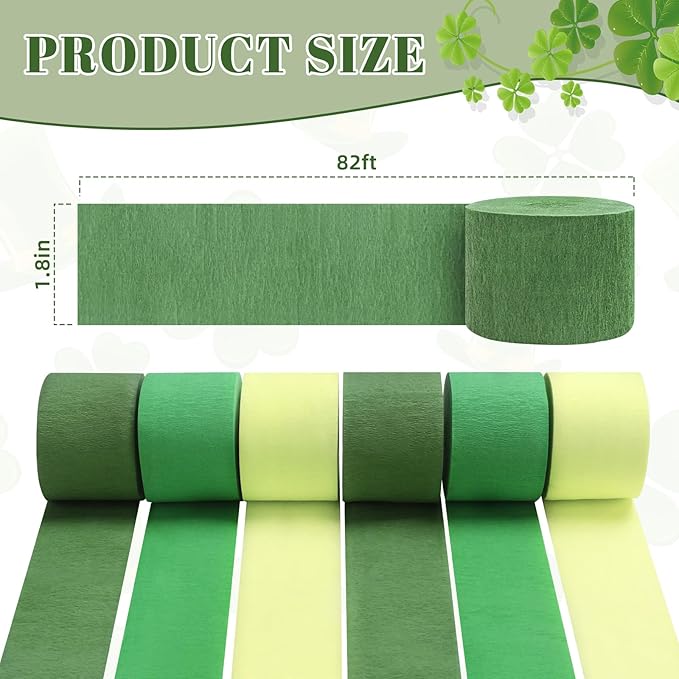 Green Streamers Party Decorations, 6 Rolls Crepe Paper for St Patricks Day Decorations Wedding Birthday Baby Shower Decorations Craft Supplies(1.8 Inch x 82Ft/Roll)