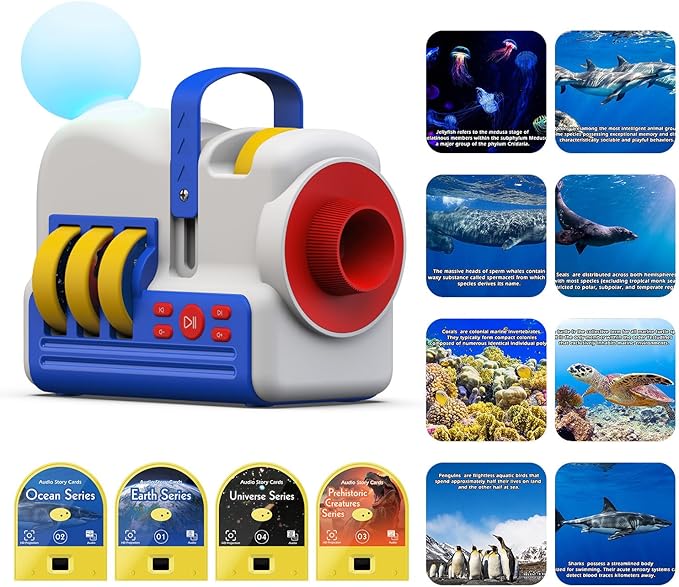 Kids Story Projector with 4 Science Cartridges, Bedtime Stories, Lullabies & Night Light, Storybook Player Machine, Educational Storytime Projector, Early Learning Toys Gift for Toddler Ages 3+