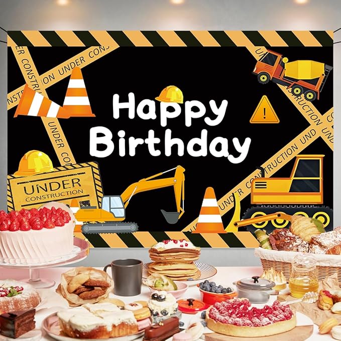 Cute Construction Birthday Party Backdrop Under Construction Happy Birthday Banner Excavator Bulldozer Cement Mixer Photography Background for Boys Party Decorations Supplies 70.8 x 47.2 Inch