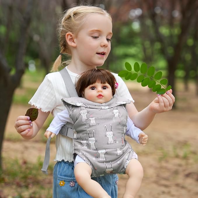 GAGAKU Baby Doll Carrier for Little Girls, Reborn Doll Accessories for Toddlers 1-3, Kids Toy Baby Dolls Sling Carrier - Gray - Rabbit