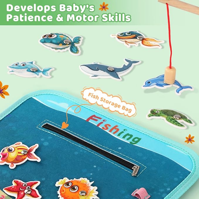 Toddler Busy Board for 1 Year Old, Montessori Toy Sensory Busy Book for Toddler 1-3 Fishing Game Life Skill, Learning Toy Car plane Activities Travel Essential 2-4 Birthday Easter Basket Stuffers Gift