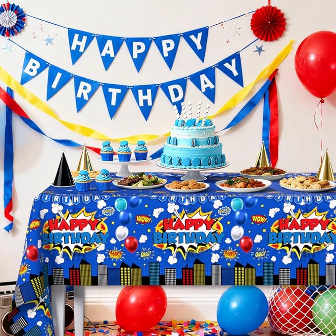 3 Pieces Blue Superhero Birthday Tablecloth for Boy or Girl Super Hero Birthday Party Decorations Supplies Blue Superhero Plastic Table Cloth Disposable Table Covers 108 x 54 Inch