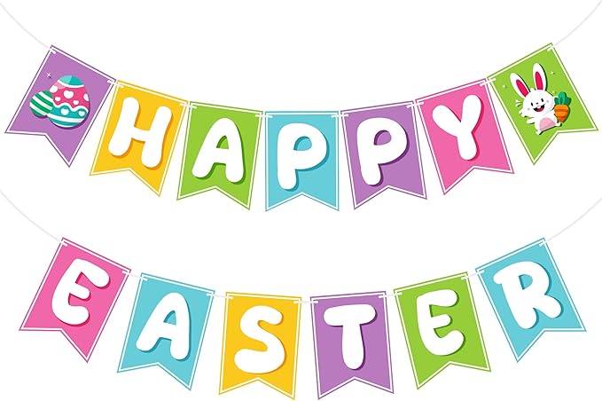 OHOME Easter Decorations - Happy Easter Banner | Bunny Party Decorations for Indoor Outdoor Outside - Bunny Egg Garland for Front Door | Easter Backdrop Wreath for Window Wall - Easter Decor