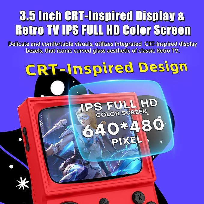 R36T Retro Gaming Console, 3.5'' IPS Screen CRT-Inspired, Handheld Game Console with 22000+ Classic Games Supports WiFi Networked Fighting and OTG, 3500mAh Battery, with Portable Case(Red 128GB)