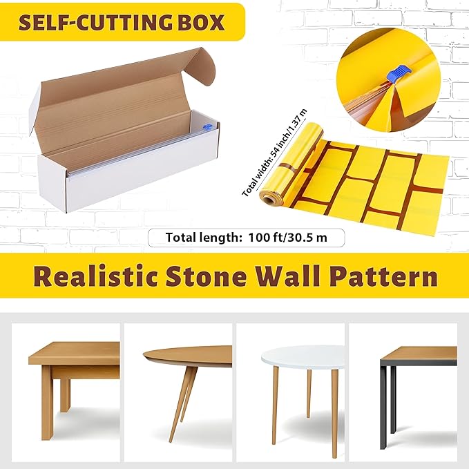 Kochorie 100 Ft x 54 Inch Yellow Brick Road Tablecloth Roll with Cutter Box Disposable Large Stone Brick Floor Runner Wall Backdrops Tablecover for Halloween Medieval Princess Wizard Party Decorations