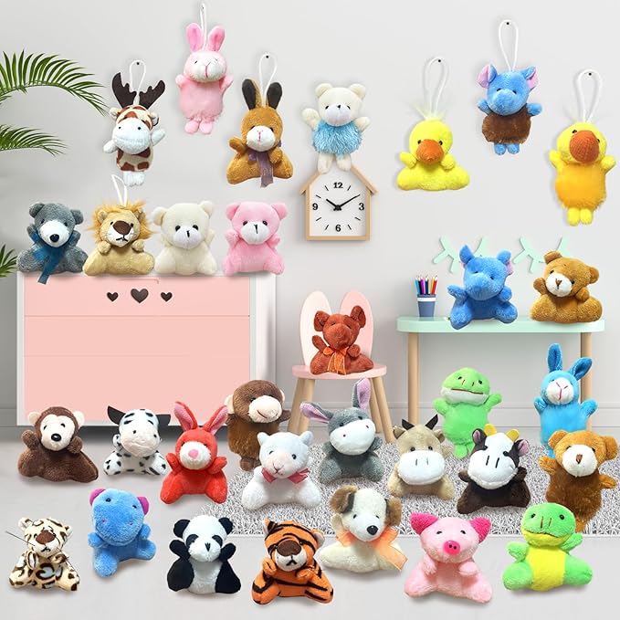 32Pcs Mini Plush Animals Toy Set Assortment Easter Christmas Bulk Stuffed Keychain Party Favors for Kids Small Animals Decorations Toys Carnival Prizes Birthday Goodie Bag Fillers