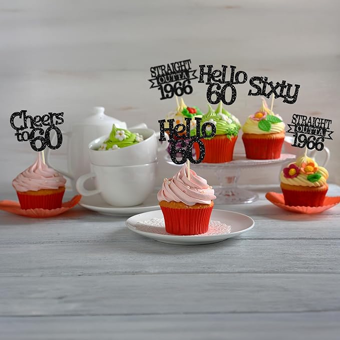 Ephlyn 24Pcs Happy 60th Birthday Cupcake Toppers Glitter Straight Outta 1966 Cupcake Picks Hello 60 Cheers to 60 Years Birthday Cake Decorations for 60th Birthday Anniversary Party Supplies Black