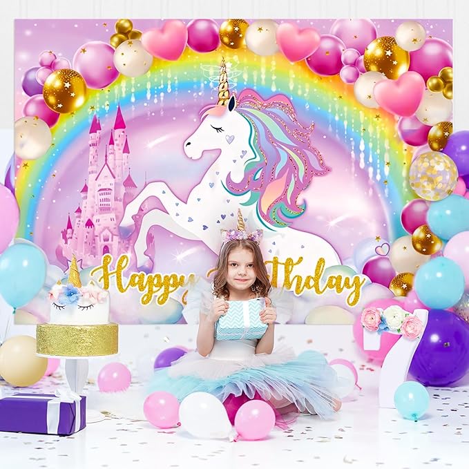 Winrayk 144Pcs Purple Unicorn Party Decorations Birthday Supplies for Girls, Purple Pink Blue Balloon Arch Kit with Backdrop Tablecloth Foil Balloons, Kids Rainbow Unicorn Themed Birthday Decorations