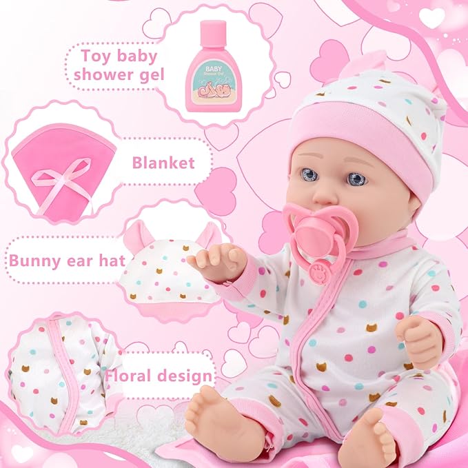 ZITA ELEMENT 12″ Baby Doll Sleeping Basket Set in Gift Box - 13 Piece Soft Baby Doll with Accessories, for Girls Ages 3+