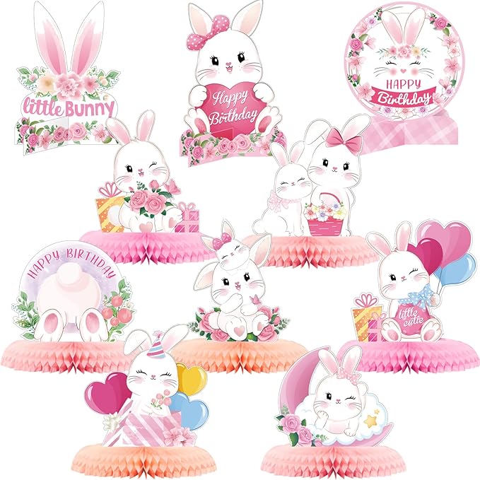 Epakh 10 Pcs Easter Bunny Party Centerpiece Cute Rabbit Table Decorations 3D Bunny Honeycomb Centerpiece for Girl Birthday Party Table Decorations Baby Shower Supplies