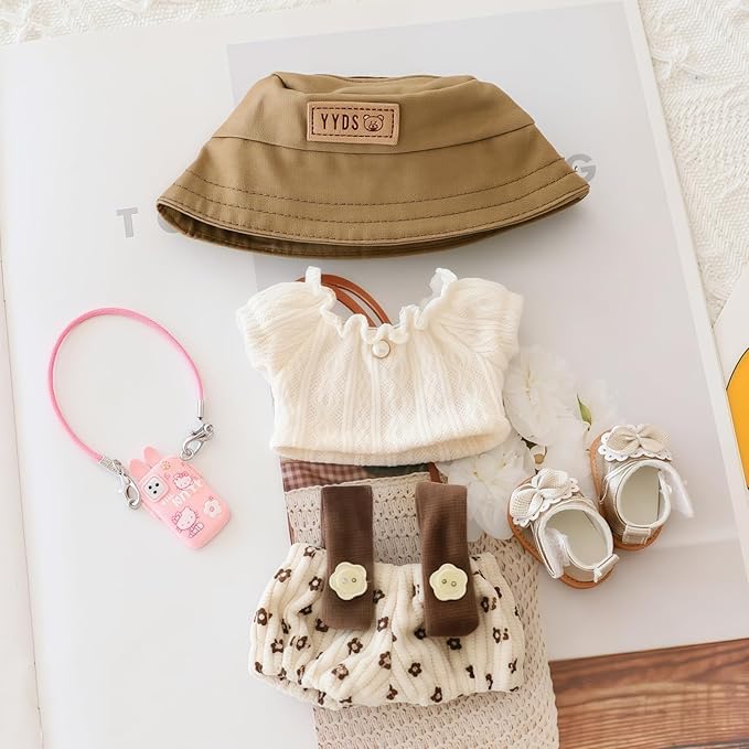 Clothes for Lu bubu 17cm Dolls Accessories(No Doll), Cute Outfit Set 5 Pieces Bib Pants for 17cm Doll Suit, Stylish Dress Up Overalls Doll Clothing Set Replacement with Hat Clothes Shoes Beige