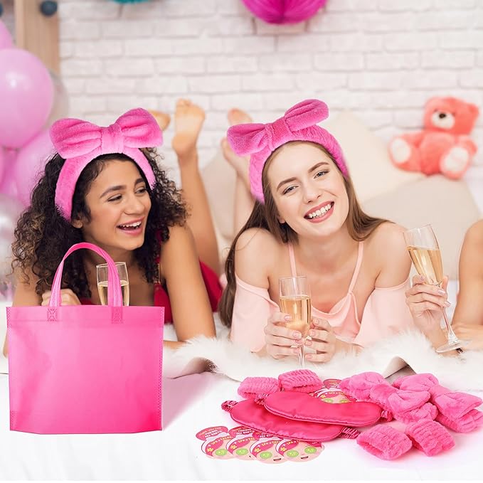 72 Pcs Spa Sleepover Party Supplies for Girls With DIY Stickers And Greeting Card Rose Red Headband Wristbands Eye Mask Hair Scrunchie Tote Bag Sleeping Slumber Party Favors