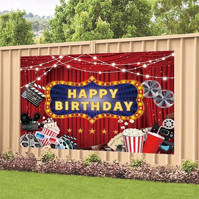 Movie Night Happy Birthday Backdrop Decorations Banner Movie Night Photo Background for Home Indoor Outdoor Birthday Party Decorations Supplies 70.8 x 47.2 Inch