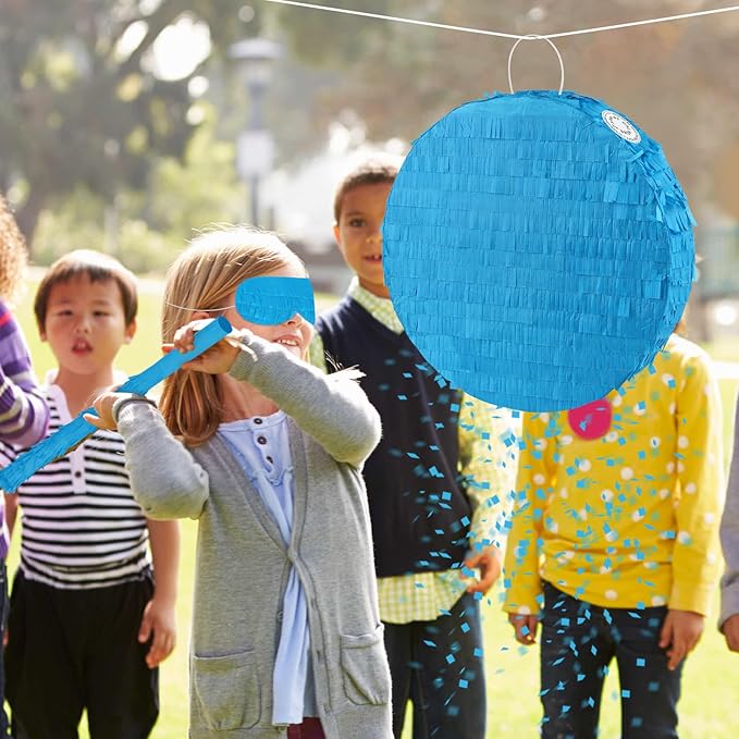 Blue Round Pinata with Stick Blindfold Confetti DIY Blank Pinata for Boys Kids Birthday Party Supplies Carnivals Halloween Christmas Decorations