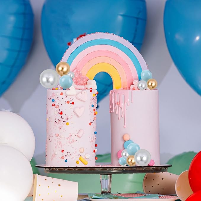 Gyufise 30Pcs Mini Balloon Cake Topper Foam Ball Cake Picks Decorations Faux Pearl Balls DIY Cake Topper Decoration for Baby Shower Wedding Anniversary Birthday Party Supplies Gold Silver Blue