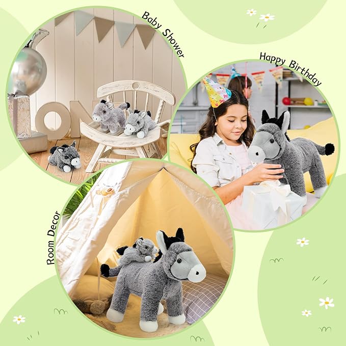 4Pcs Donkey Stuffed Animal Plush, Large Donkey Mommy 20“ with 3 Babies Inside - Unzip The Belly to Reveal Surprise Plush Toy - Family Role Play Gift Set for Kids, Boys & Girls