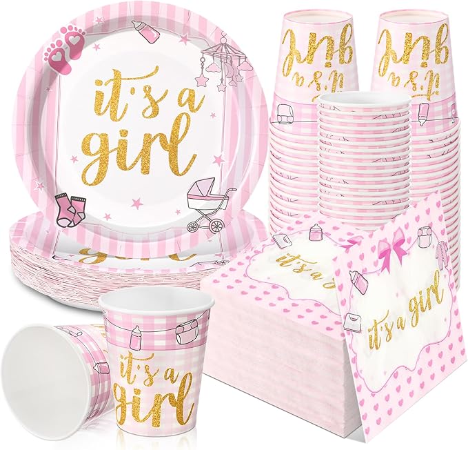 Hushee 200 Pcs It's a Girl Baby Shower Paper Plates Napkins Cups Baby Shower Party Supplies Tableware Set Disposable Cup Napkin for 50 Guest Party Decoration