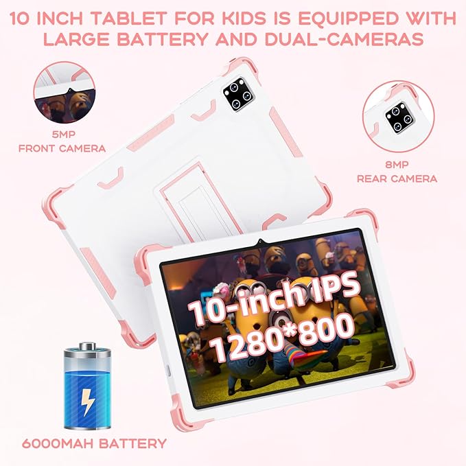 10 Inch Android 15 Kids Tablet, 10GB RAM 64GB ROM, 10000mAh Battery, Parental Control, Iwawa Educational Learning Apps, Tablet for Kids 3-7（Pink）