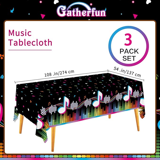 Gatherfun Music Party Disposable Tablecloth, Plastic Table Cover for Music Themed Birthday Party, 3 PCS, 54”x108”