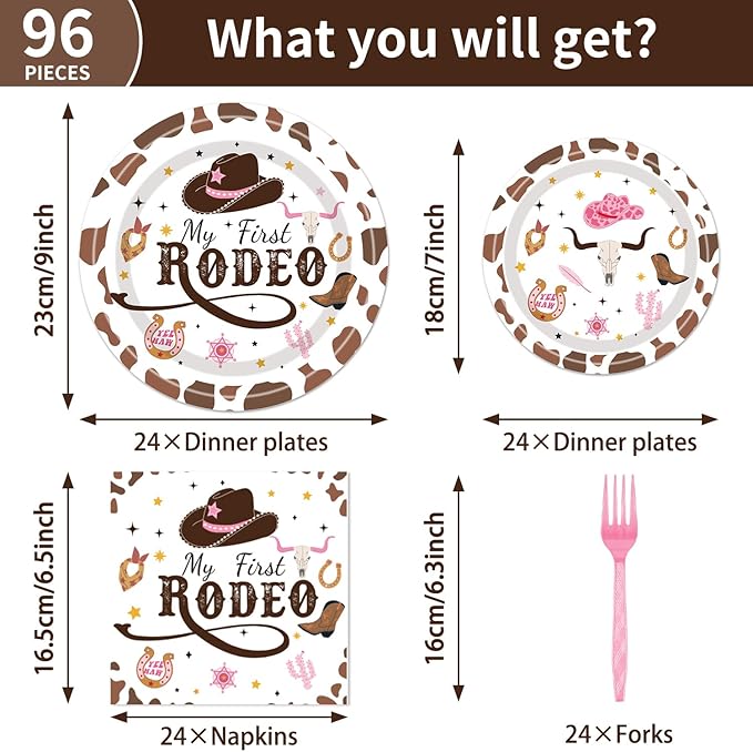 96PCS My First Rodeo Plates and Napkins Party Supplies Cowgirl Birthday Party Decorations Western Cowgirl Rodeo Disposable Tableware Set for 1st Birthday Serve 24 Guests