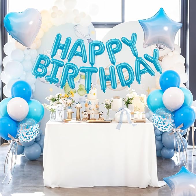29PC Light Blue Happy Birthday Balloon Banner, 16 Inch 3D Letter Banner Sign, Light Dark Blue White Confetti Balloons 18 Inch Star Heart Foil Balloons for Kids, Men, Boys Party Decorations