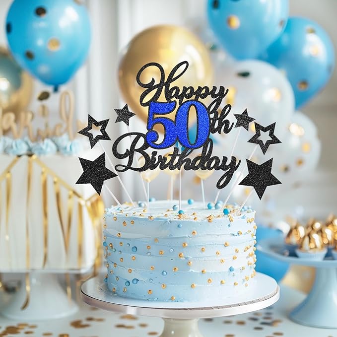 Happy 50th Birthday Cake Toppers, Black Blue Glitter Cake Decorations Set, 50th Birthday Decor, Birthday Anniversary Party Decorations Supplies