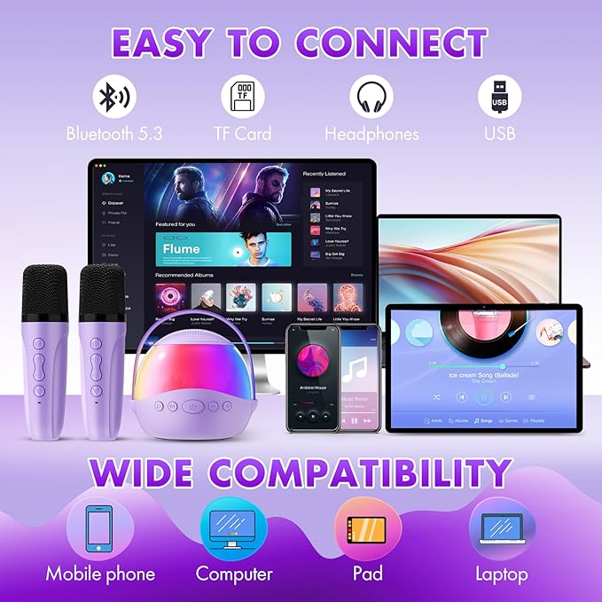 Mini Karaoke Machine Gifts for Kids Adults, Portable Karaoke Speaker with 2 Wireless Microphones, Kids Microphone with Speaker and LED Light, Birthday Gifts for Girls Boys 3-12+ Year Old (Purple)