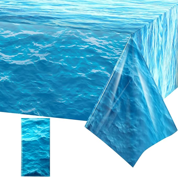 Irenare 1 Piece Ocean Waves Plastic Tablecloth 54 x 108 Inch Ocean Table Cover Water Print Table Cover Sea Tablecloth Blue for Beach Pool Birthday Party Decoration Shower Supplies