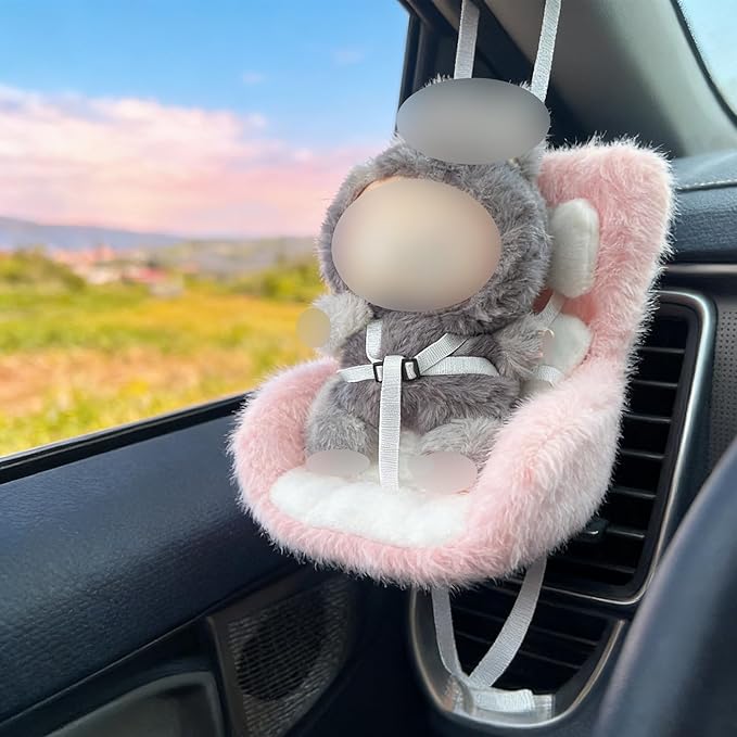 Doll Car Seat for 3–8 inch Figures, Fits Character Plushes, Blind Box Dolls & Vinyl Collectibles, Includes Air Vent Clip & Desktop Stand, Car Ornament for Collectors (Strawberry Ice Cream)