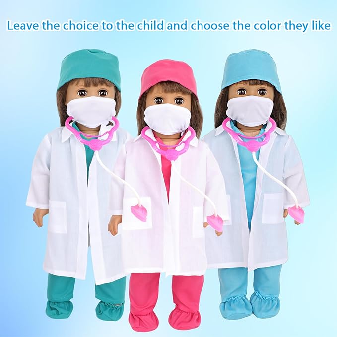 MSYO 18 Inch Doll Doctor Playset-Pretend Play Medical Kit with White Coat,Scrubs & Surgical Tools,Stem Roleplay Costume for Kids Ages 3-12,Fits Most 18-Inch Girl & Boy Dolls(Blue)