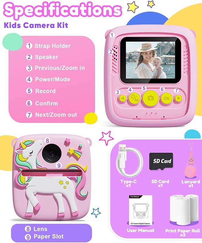 Kids Camera Instant Print, Christmas Birthday Gift for Girls 3-12 Year Old, 1080P Kids Digital Camera Toys with Unicorn Cover, Toddler Camera for 4 5 6 7 8 9 10 Year Old Girls Boys