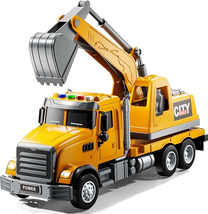 Excavator Toys for Boys Aged 3-5 4-6, Play Excavator with Light and Sound, Toy Truck Construction Vehicles Cars for Kids 2-4 4-7 Years Old, Birthday Gift for Girls Toddlers 1-3