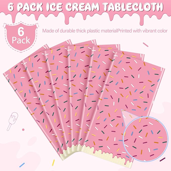 6Pcs Sprinkle Donut Tablecloth, Pink Ice Cream Table Cloth Disposable Plastic Rectangle Table Covers for Baby Girl Sweet One Birthday Donut Grow Up Donut Themed Party Decorations, 54 X 108 Inch