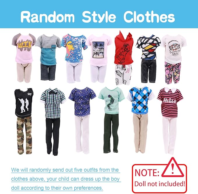 33 PCS Doll Clothes and Accessories Doll Including 5 Tops 5 Pants Casual Wear in Random 4 Pair of Shoes Hangers Glasses Earphone Guitar Surfboard Swimming Ring for 12 Inch Boy Doll