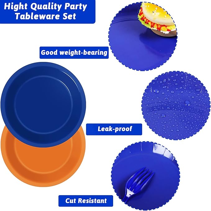 Wiooffen 96 Pcs Orange and Blue Birthday Party Plates Napkins Dart War Party Supplies Tableware Disposable Orange Blue Paper Dinnerware Decoration for Baby Shower Birthday Party, 24 Guests
