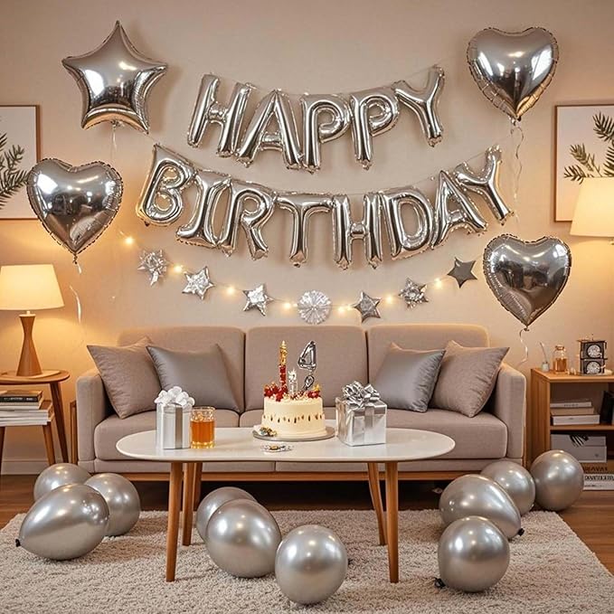 27 Pcs Silver Birthday Decorations, 3D Foil Silver Happy Birthday Balloon Banner, Pentagram Heart Foil Balloons Confetti Balloons Kit For Boys Girls Birthday Party Supplies