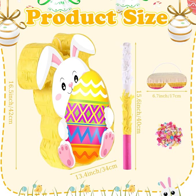 Bunny Easter Egg Piñata with Blindfold, Bat and Filler, Funny Cute Bunny Party Favors for Cute Bunny Easter Egg Theme Kids and Adults Party Supplies Decoration (Cute)