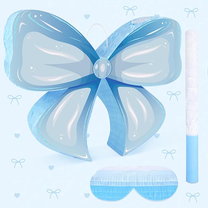 Hooqict Blue Bow Pinata with Blindfold and Bat Stick Frozen Pinata for Birthday Party Games Girls Kids Bow Themed Party Decorations Supplies (Small Size 16"x13"x3")