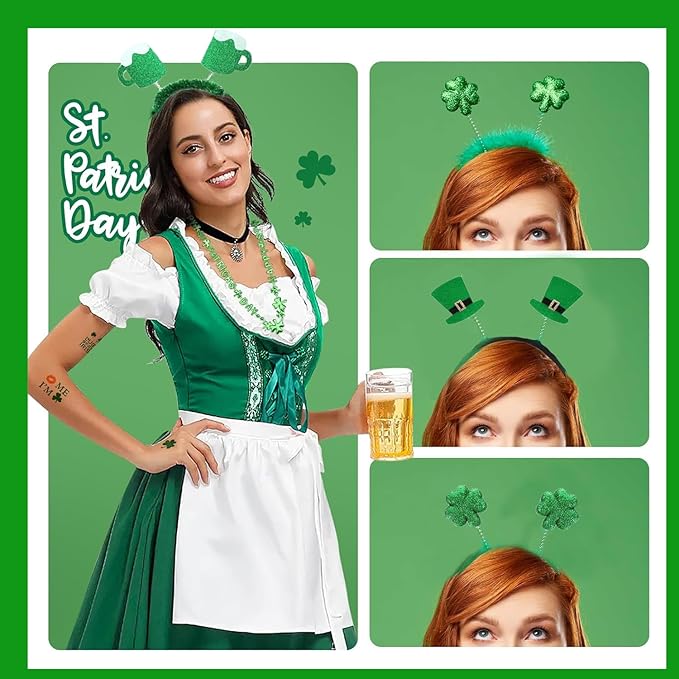 LSCQYYCC- St. Patrick's Day party gift set, including shamrock glasses, soft rubber bracelets, beaded chains, mustaches, hair bands, and Irish-themed party supplies with themed stickers
