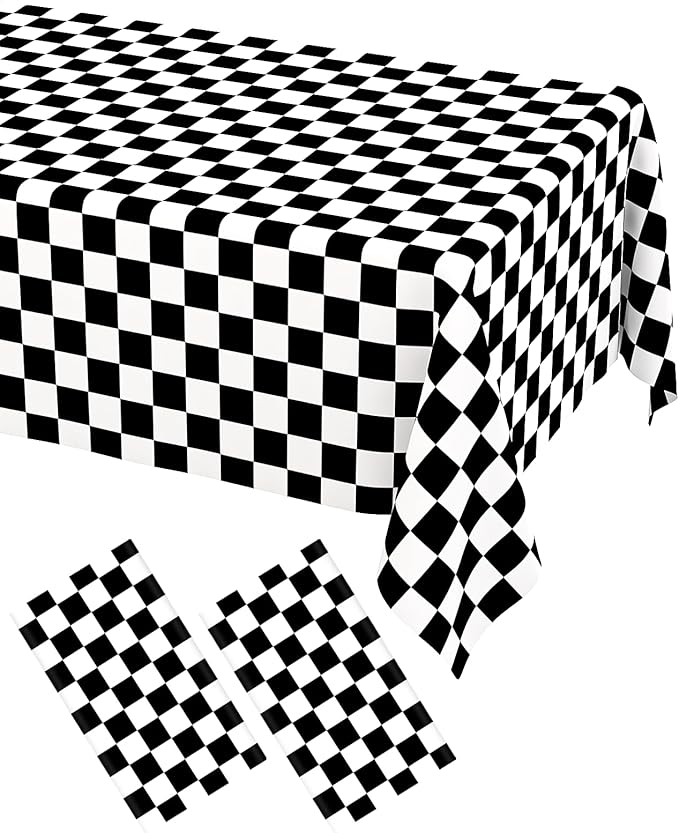 WNINK 2 Pack Black and White Checkered Disposable Tablecloth Race Car Theme Party Table Cloth, Black checkered tablecloth for Race Car Theme Birthday, Outdoor Picnic Parties Decorations, 54 × 108 Inch