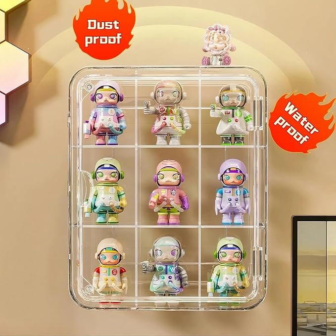 Wall Mount Acrylic Display Case 9-Cell Magnetic Door Shelf for Collectibles, Space-Saving Dust-Proof Showcase w/ Removable Grids (M-9 Cell(12.6x10.24x3.54in))