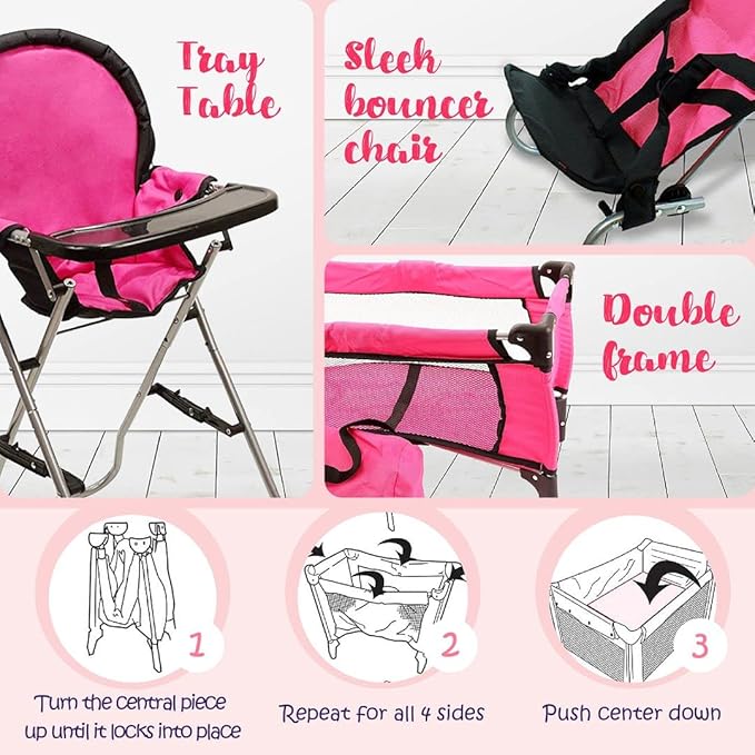 Pink Baby Doll Accessories Set - 3 In 1 Baby Doll Furniture Set with Baby Doll High Chair, Baby Doll Crib, Baby Doll Bouncer Seat, Baby Doll Bed Set for 18” Doll - Play Baby Doll Toys for 18" Dolls