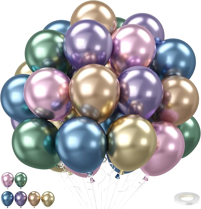 Pastel Metallic Balloons, 12 Inch Assorted Chrome 6 Color Blue Purple Green Pink Gold Champagne Latex Party Balloon for Birthday Graduation Anniversary Baby Shower Wedding Decorations