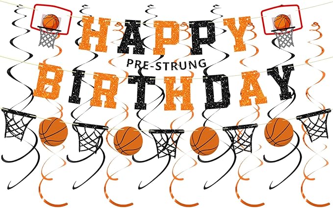 Pre-Strung Basketball Birthday Party Decorations, NO DIY Glitter Happy Birthday Banner, Paper Garland, Black and Orange Hanging Swirls, Basketball Theme Party Supplies