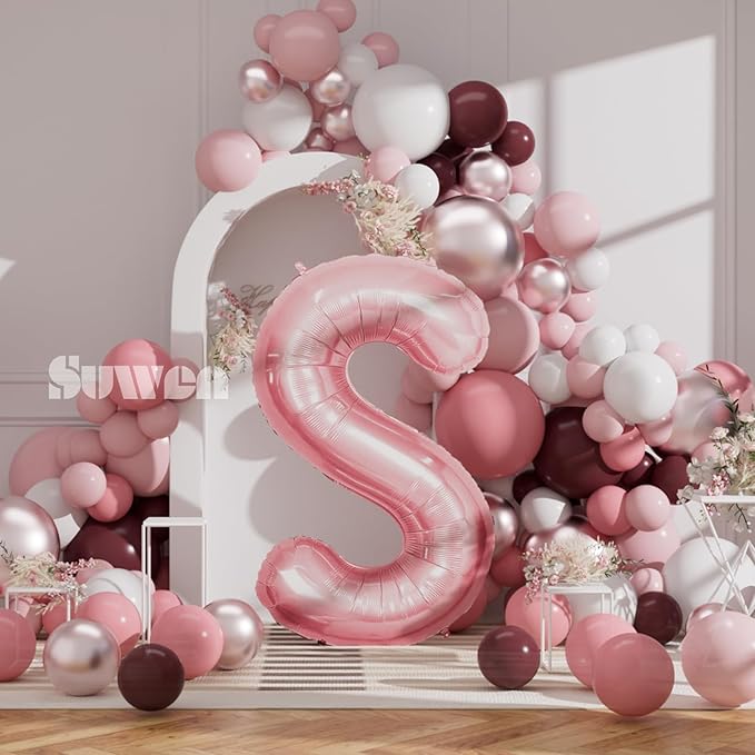 SUWEN 40 Inch Pink Large S Letter Balloons Big Foil Helium Letter Balloons A-Z Jumbo Mylar Happy Birthday Party Decorations for Girl Anniversary Party Supplies