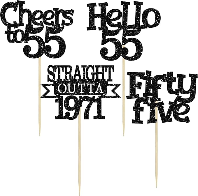 Ephlyn 24Pcs 55th Birthday Cupcake Toppers Glitter Straight Outta 1971 Cupcake Picks Hello 55 Cheers to 55 Years Cake Decorations for 55th Birthday Anniversary Party Decorations Supplies Black