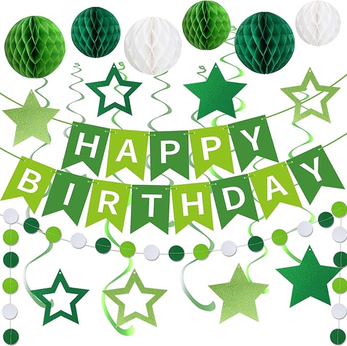 Birthday Banner Decorations with Honeycomb Balls, Stars, Circle Dots Garland Swirl Streamer Happy Birthday Party Decorations Supplies for Party(Green)